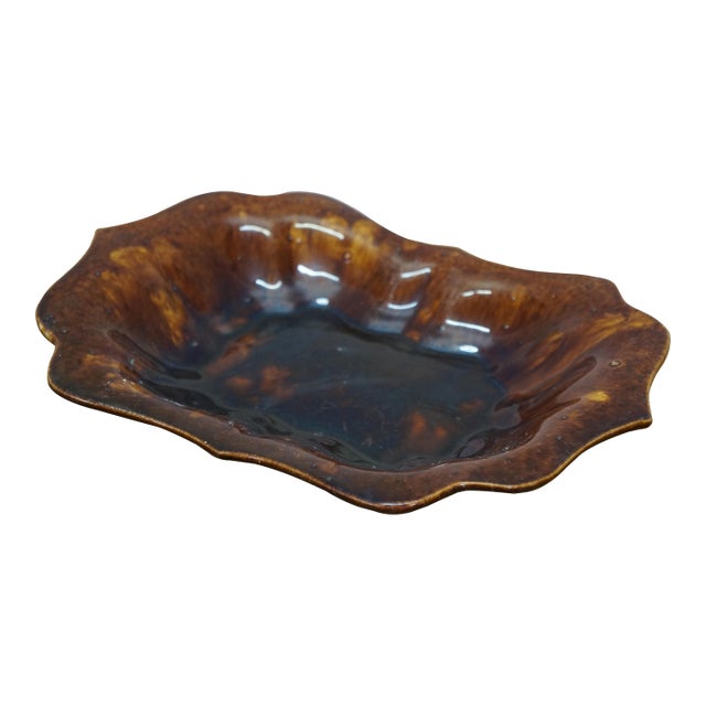 Antique Ceramic Brown Glazed Scalloped Dish Tray Centerpiece Bowl Compote 11" For Sale