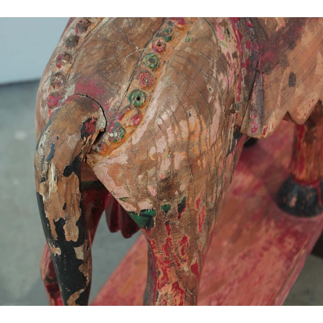 19th Century Pair of Monumental Indian Polychrome Carved Wood Horses on Wheels, 19th C. For Sale - Image 5 of 17