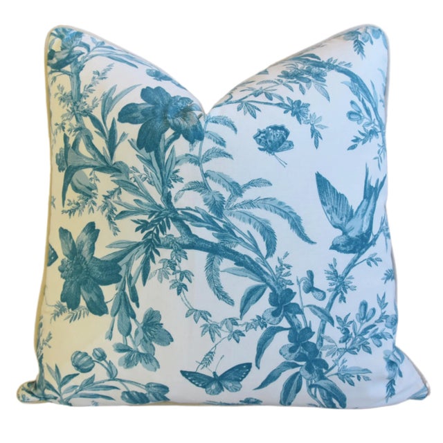 Aqua P. Kaufmann Teal/Aqua Aviary Birds & Butterflies Toile Feather/Down Pillow 22” Square For Sale - Image 8 of 8