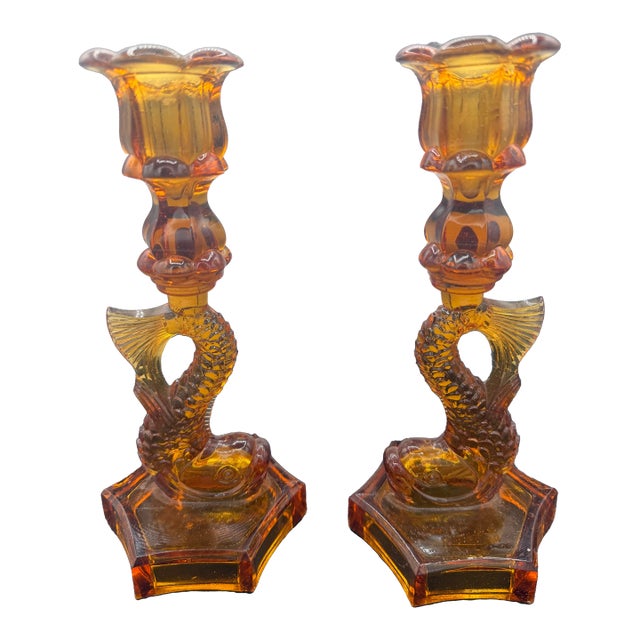 1950s Pair of Amber Colored Glass Dolphin Candlesticks For Sale