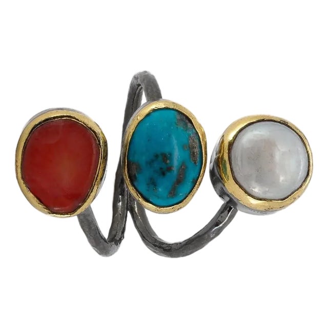 Triple Gemstone Sterling Silver Ring, Size 5 For Sale