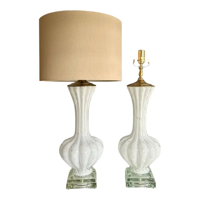 Pair Murano White and Silver Inclusions Glass Table Lamps For Sale