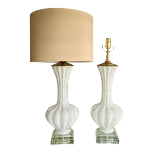 Pair Murano White and Silver Inclusions Glass Table Lamps
