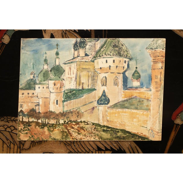 Rustic European C. 1920-1950s Antique or Vintage Watercolor in the Style of Nicholas Roerich For Sale - Image 3 of 11