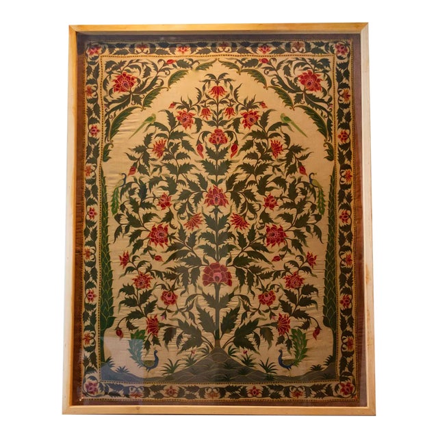Antique Indian Mughal Framed Embroidered Wall Art For Sale