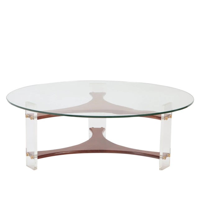 Wood 1960s Round Coffee Table with Walnut Base and Lucite Legs For Sale - Image 7 of 7