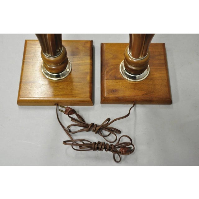 Vintage Mid Century Modern Sculptural Walnut Wood & Brass Table Lamps - A Pair For Sale - Image 9 of 10
