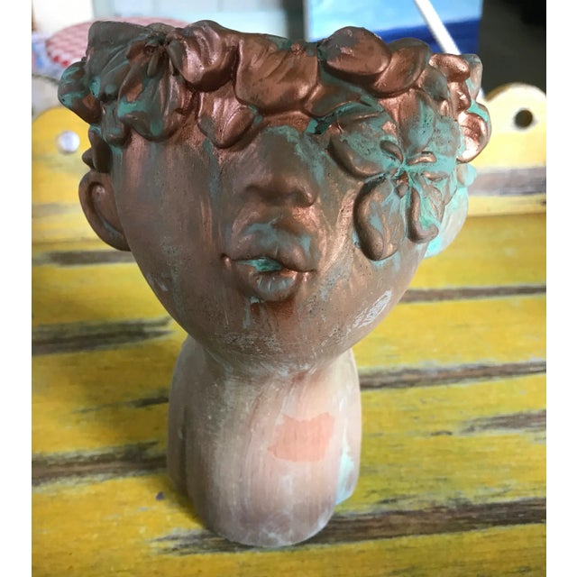 2020s Flower Girl Kissing Bust Copper Patina Indoor Outdoor Head Planter For Sale - Image 5 of 9