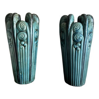 Art Deco Nouveau Matte Green Pottery Vase With Wave Motif - a Pair For Sale