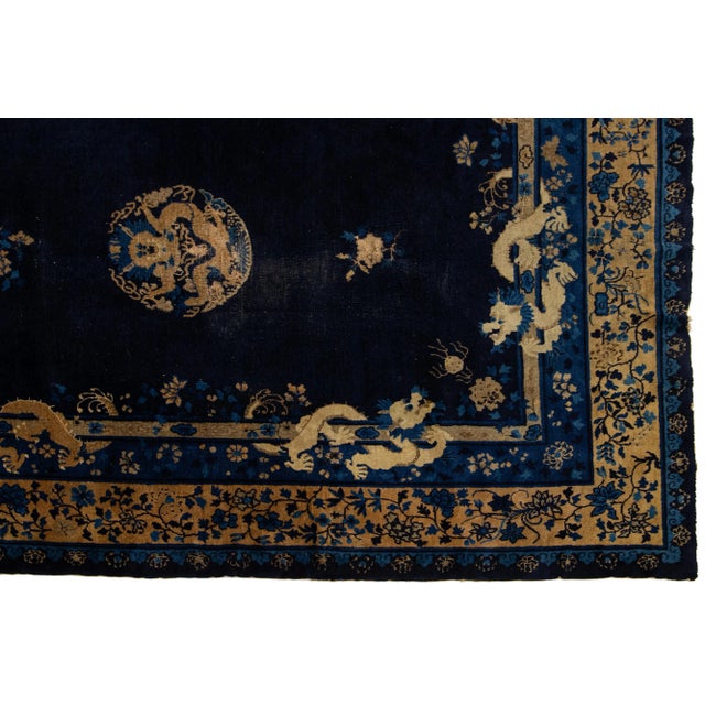 Textile 10 X 15 Antique Handmade Traditional Peking Chinese Wool Rug in Blue For Sale - Image 7 of 14