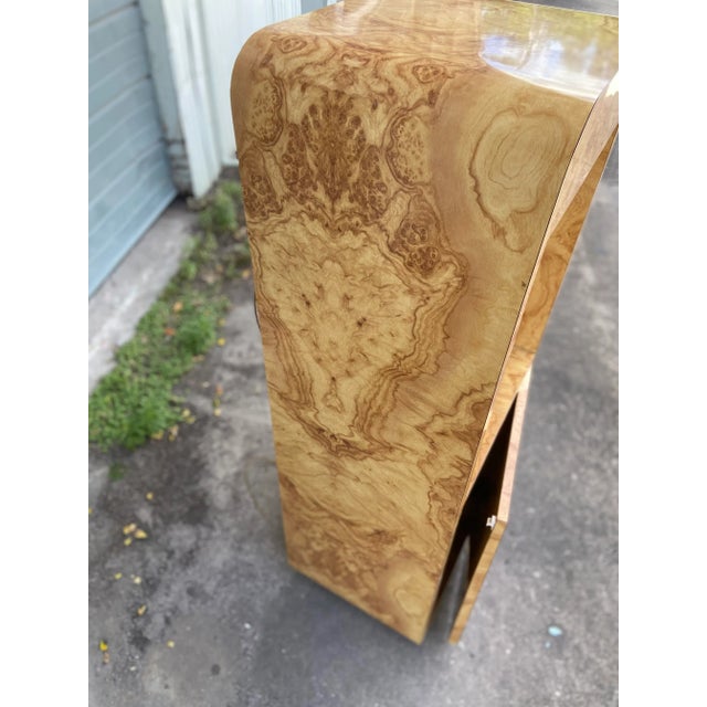 Vintage Burl Laminate Lighted Display Case and Pedestal With Storage For Sale - Image 9 of 12