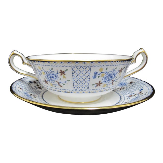 Royal Crown Derby Bone China Flower Mandarin Blue Cream Soup Bowl Cup & Saucer For Sale