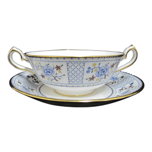 Royal Crown Derby Bone China Flower Mandarin Blue Cream Soup Bowl Cup & Saucer