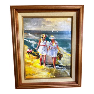 Late 20th Century Impressionist Style Mother, and Daughter on the Beach by Richard Tocci Framed For Sale