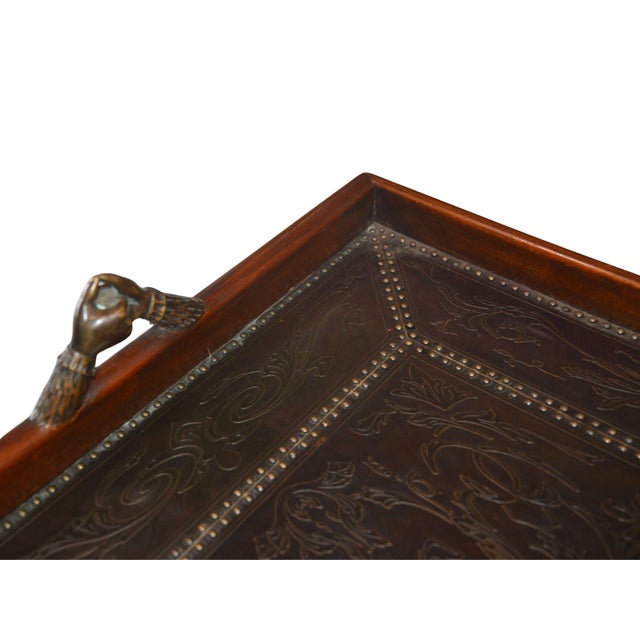 Antique-Style Mahogany Serving Tray With Bronze Lined Enbossed Bottom and Cast Bronze Handled Mounts For Sale - Image 12 of 12