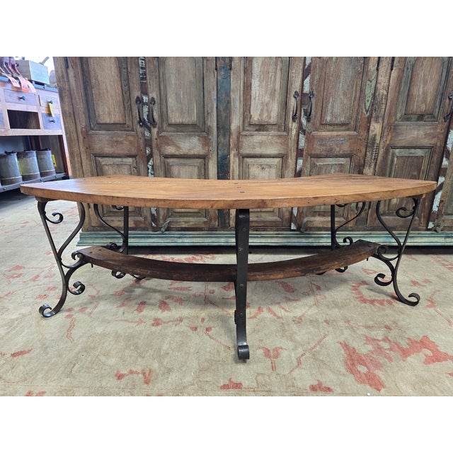 2010s Solid Reclaimed Wood and Iron Crescent Bench For Sale - Image 5 of 7