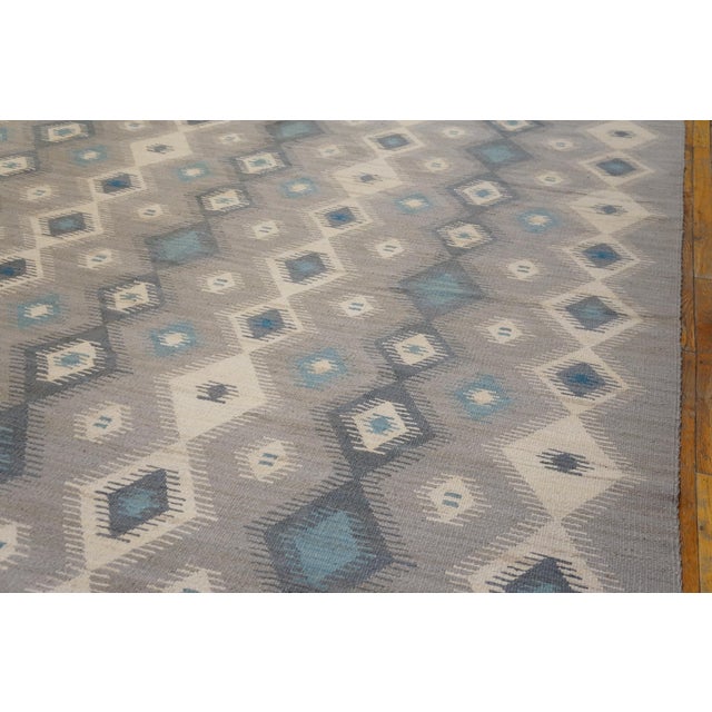 Native American 2000s Gray Blue Diamond Modern Contemporary Navajo Rug 9' X 12' Flatwoven Wool Carpet For Sale - Image 3 of 4