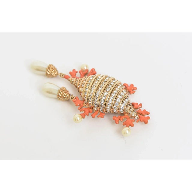 Hutton Wilkinson Coral Enamel Faux Pearl, Rhinestone Gold Filled Brooch or Pin, 1980's For Sale - Image 4 of 10
