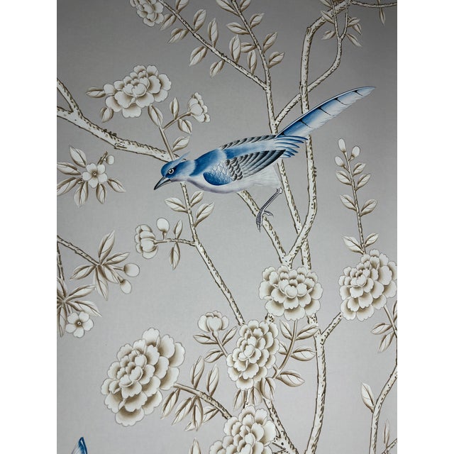 Chinoiserie Soft Grey Peacock Chinoiserie Mural | 5-Panel Hand-Painted Floral Wallpaper For Sale - Image 3 of 5