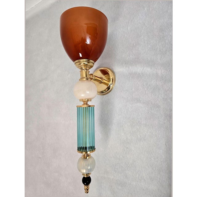 1990s Pair of Blue and Terracotta Murano Glass Sconces For Sale In Dallas - Image 6 of 13