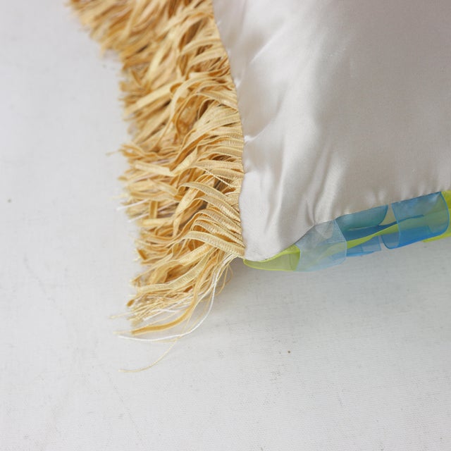 Blue and Green Woven Pillow With Fringe Accents For Sale - Image 10 of 11