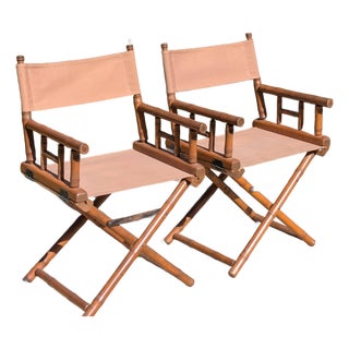 Pair of Vintage Faux Bamboo X Frame Folding Safari Chairs For Sale