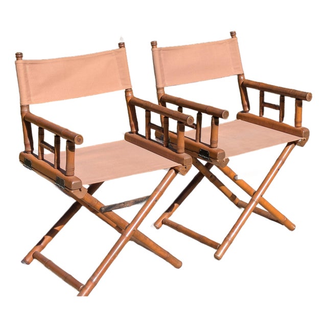 Pair of Vintage Faux Bamboo X Frame Folding Safari Chairs For Sale