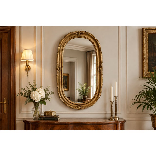 Wood Oval Mirror in Gilt Frame, Poland, 1950s For Sale - Image 7 of 7
