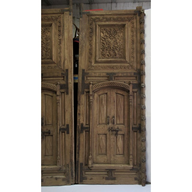 Moroccan Vintage C1870's - C.1910's Imported Moroccan Large Hand Honed and Carved Wood & Iron Forged Doors - a Pair For Sale - Image 3 of 13