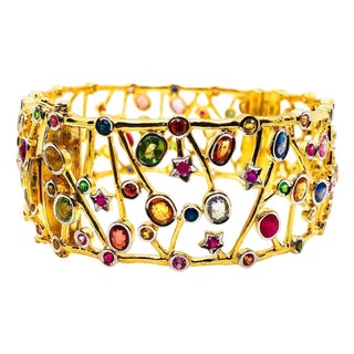 Bochic “Capri” Vintage Natural Multi Sapphire Cuff Set In 18K Gold & Silver For Sale