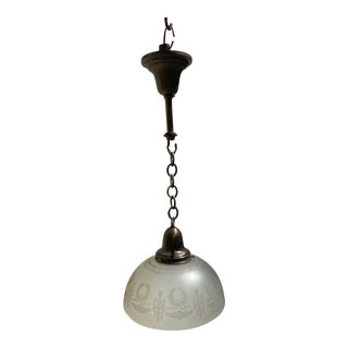Vintage Brass Hanging Fixture With Etched Large Torch and Wreath Shade For Sale