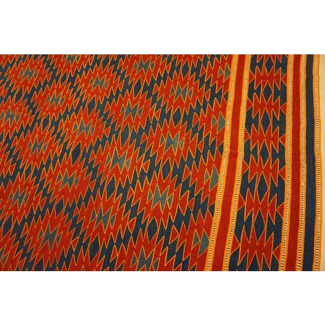 1930s Red Blue Diamond Tribal Antique Indian Cotton Dhurrie Carpet 6' X 9'7" Flatweave Cotton Rug For Sale - Image 11 of 13