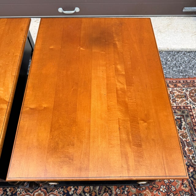 Late 20th Century Vintage L. Hitchcock Country Farmhouse Solid Maple 1 Drawer Side Tables in Black / Harvest Maple - A Pair For Sale - Image 5 of 17