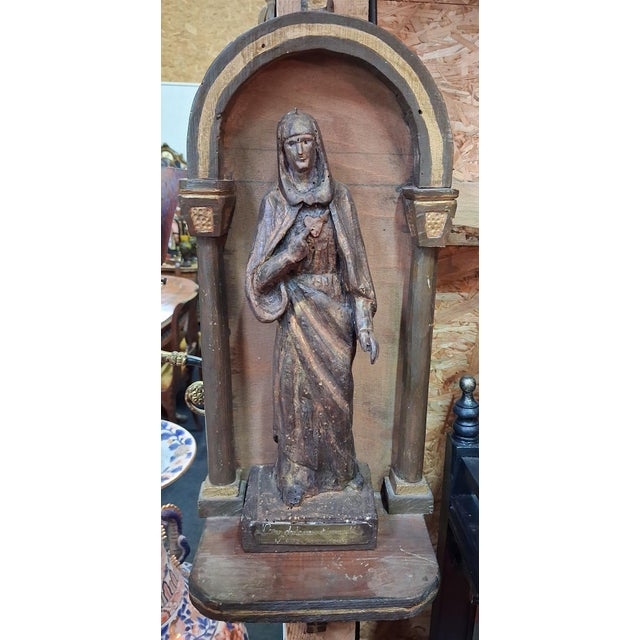 Wooden Devotional Statue Representing the Virgin with the Sorrowful and Immaculate Heart, 1800s For Sale - Image 4 of 9