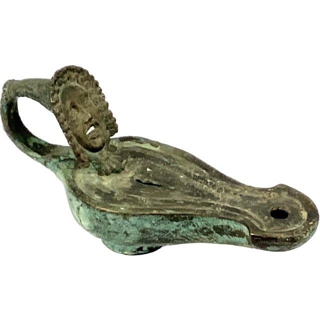 Grand Tour Roman Bronze Oil Lamp With Theatrical Mask Handle For Sale - Image 3 of 7