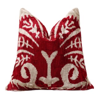 Luxury Handwoven Dark Red Silk Velvet Ikat Pillow 20x20 Inch For Sale