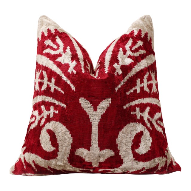 Luxury Handwoven Dark Red Silk Velvet Ikat Pillow 20x20 Inch For Sale