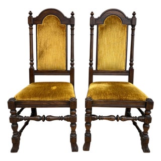 1980s Ethan Allen Jacobean Royal Charter Oak Dining Room Side Chairs Gothic Pair For Sale