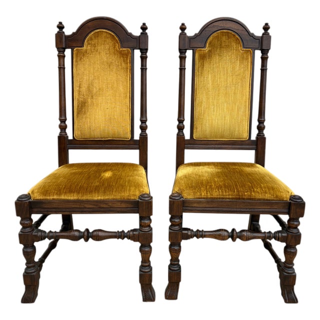 1980s Ethan Allen Jacobean Royal Charter Oak Dining Room Side Chairs Gothic Pair For Sale