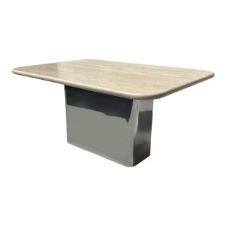 Modernist Vintage Italian Travertine and Chrome Dining Table, 1970s For Sale