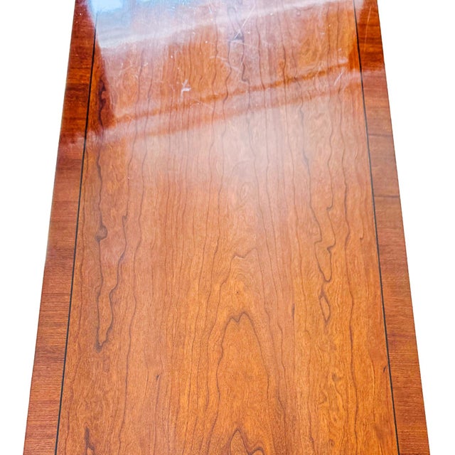 1990 Ethan Allen Medallion Collection Cherry Console Table With Brass X-Stretcher For Sale - Image 13 of 16