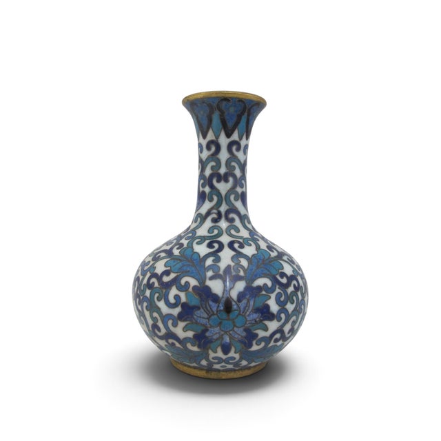 Chinese Cloisonne Turquoise & Cobalt Blue Enamel Flower Small Brass Vase For Sale - Image 4 of 10