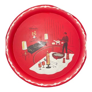 Vintage Red Metal Serving Tray With Mid-Century Illustration For Sale