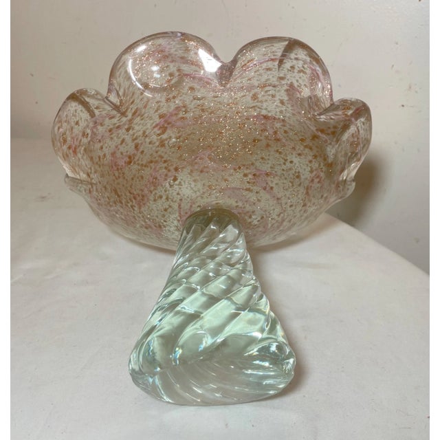 1980s Tall Vintage Blown Pink Gold Flek Glass Italian Centerpiece Footed Bowl Murano For Sale - Image 5 of 11