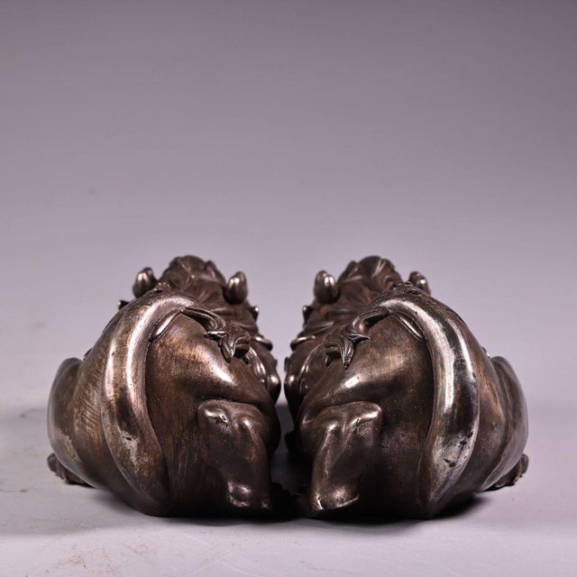Pair of Antique Silver-Plated Guardian Lion Figurines, 2000g Total, High Relief For Sale In Los Angeles - Image 6 of 10
