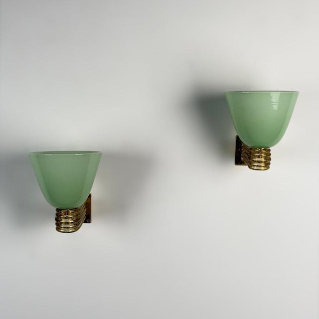 Green Vintage Murano Glass and Brass Wall Sconces by Tomaso Buzzi for Venini, 1940s, Set of 2 For Sale - Image 8 of 18