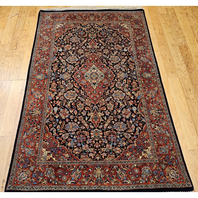 Red Vintage Kashan Rug, Hand-Knotted Wool & Cotton, Floral Pattern, Navy & Brick-Red, 4x6 For Sale - Image 8 of 16
