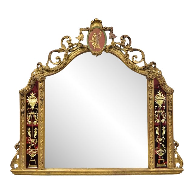 Antique French Neoclassical Baroque Gold Gilt Gesso Red Glass Frame Wall Mirror For Sale