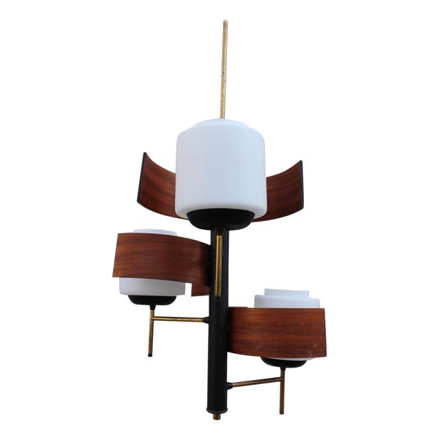 Midcentury Italian Design Esperia Glass White Brass Mahogany Chandelier For Sale