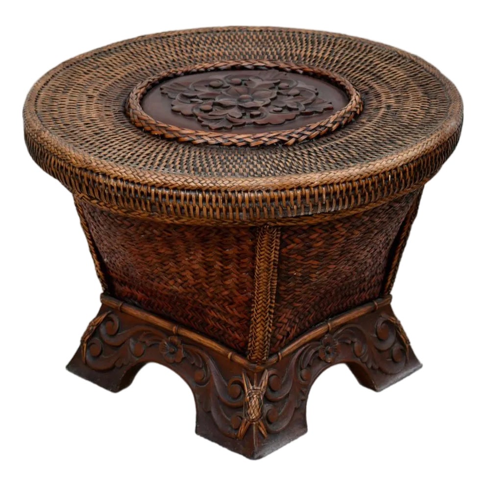 Vintage Wicker/Rattan Round Table W/Removable Top & Carved Wood Base ...